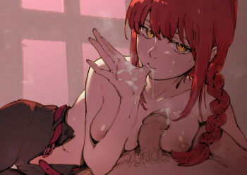 1boy 1girl after_fellatio belt black_pants braid breasts censored chainsaw_man collarbone commentary_request cum cum_in_mouth cum_on_body cum_on_breasts cum_on_hands cum_on_upper_body facial finger_in_own_mouth gsusart hetero long_hair looking_at_viewer makima_(chainsaw_man) medium_breasts mosaic_censoring nipples pants penis red_belt red_hair solo_focus topless_female yellow_eyes