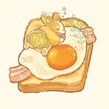 bacon bread bread_slice closed_eyes commentary_request egg_(food) food gen_8_pokemon highres in_food nintendo no_humans open_mouth pokemon pokemon_(creature) pokemon_focus simple_background sleeping solo squeans temariame14 toast tongue tongue_out twitter_username watermark white_background yamper