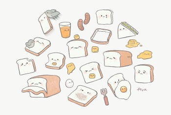 >_< :< :3 artist_name ayu_(mog) bird bread bread_slice butter closed_eyes commentary commentary_request cup drinking_glass egg_(food) english_commentary food food_focus fork juice loaf_of_bread mixed-language_commentary no_humans orange_juice original romaji_commentary sandwich sausage simple_background solid_circle_eyes teardrop white_background x3