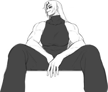 1girl absurdres biceps black_shirt blonde_hair breasts from_below greyscale high-waist_pants highres jujutsu_kaisen long_hair looking_at_viewer monochrome muscular muscular_arms muscular_female pants shirt simple_background sitting sleeveless sleeveless_shirt sleeveless_turtleneck smile solo sotcho spread_legs thick_eyelashes triceps tsukumo_yuki_(jujutsu_kaisen) turtleneck very_long_hair white_background