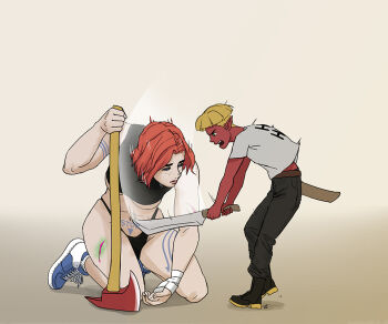 axe bleeding blood body_freckles breasts dagger dark-skinned_male dark_skin death decapitation defeated_villainess freckles helpless knife lipstick makeup pale_skin peril poison poisoned red_hair rellik ryona size_difference sword tattoo underboob weapon