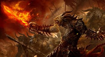 armor cannon charr charr_soldiers fire flag flaming_sword flaming_weapon guild_wars_(series) guild_wars_1 guild_wars_2 gun helmet highres horns sword weapon