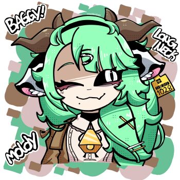 Rule 34 | 1girl, :3, artist request, bell, black hairband, black sclera, cassetteology, check artist, closed mouth, colored sclera, commentary, cow girl, cow horns, cowbell, crelly, crelly (crelly 3.0), ear tag, english commentary, english text, eyelashes, fang, green hair, hair ornament, hairband, hairclip, highres, horns, indie virtual youtuber, long hair, mole, mole under mouth, neck bell, one eye closed, skin fang, smile, solo, virtual youtuber, white eyes