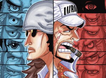 1girl 1other 6+boys absurdres aokiji_(one_piece) black_eyes black_hair cigar coat ethan-baron_v._nusjuro eyelashes facial_hair floral_print frown goatee hat highres imu_(one_piece) jaguar_d._saul jaygarcia_saturn jolsuke koby_(one_piece) marcus_mars marshall_d._teach monkey_d._garp multiple_boys mustache_stubble nico_robin oda_eiichirou_(style) one_piece open_mouth round_eyewear sakazuki_(one_piece) scar scar_across_eye scar_on_face shepherd_ju_peter short_hair smoker_(one_piece) split_image stubble sunglasses teeth topman_warcury white_coat white_hat