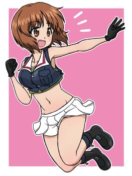 1girl adapted_costume birthday black_boots black_gloves black_socks blue_jacket boots breasts brown_eyes brown_hair clenched_hand collared_jacket girls_und_panzer gloves green_shirt groin jacket jumping miniskirt navel nishizumi_miho ooarai_military_uniform open_mouth pink_background pleated_skirt reaching shirt short_hair skirt sleeveless sleeveless_jacket smile socks takahashi_kurage white_skirt zipper