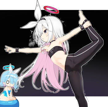 2girls armpits arona_(blue_archive) ball barefoot black_background black_eyes blue_archive blue_hair blue_halo bow bracelet character_name chibi chibi_inset choker colored_inner_hair covered_erect_nipples exercise_ball exercising flat_chest hair_bow hair_over_one_eye hairband halo highres holding_own_leg jewelry leotard letterboxed loli long_hair midriff multicolored_hair multiple_girls mutsuse no_shoes pants pink_hair plana_(blue_archive) red_halo short_hair simple_background sitting standing standing_on_one_leg steam strapless sweat swim_ring trembling tube_top two-tone_hair very_long_hair wariza white_background white_hair yoga yoga_pants