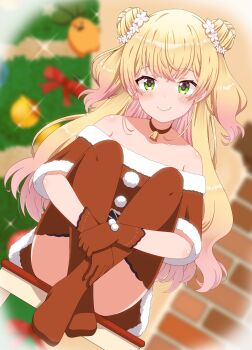 1girl alternate_costume bare_shoulders bell blonde_hair blurry blurry_background blush brown_thighhighs choker christmas christmas_tree closed_mouth commentary_request crossed_ankles crossed_bangs crossed_legs double_bun dress dutch_angle fang flower frilled_shirt frills fur-trimmed_dress fur_trim gloves gradient_hair green_eyes hair_bun hair_flower hair_ornament highres hololive hugging_own_legs izuko_(iduko3) jingle_bell long_hair looking_at_viewer momosuzu_nene multicolored_hair neck_bell nekko_(momosuzu_nene) off-shoulder_dress off_shoulder on_table pink_hair red_choker red_gloves red_shirt red_thighhighs santa_costume santa_dress shirt sitting skin_fang smile solo sparkle table thighhighs two_side_up virtual_youtuber