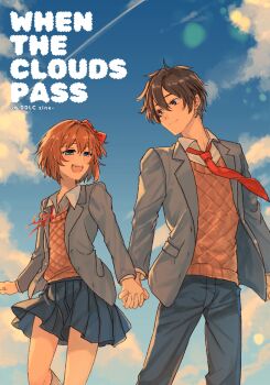 1boy 1girl blazer blue_eyes blue_pants blue_skirt blue_sky blush bow brown_hair closed_mouth cloud collared_shirt couple cover cover_page day doki_doki_literature_club doki_doki_literature_club_school_uniform english_text eyelashes grey_jacket hair_between_eyes hair_bow hair_intakes hetero highres jacket lens_flare long_sleeves looking_at_another neck_ribbon necktie non-web_source open_clothes open_jacket open_mouth orange_sweater_vest orange_vest outdoors pants pink_hair protagonist_(doki_doki_literature_club) red_bow red_necktie red_ribbon ribbon sayori_(doki_doki_literature_club) school_uniform shirt short_hair skirt sky smile sora_(efr) sweater_vest teeth upper_teeth_only vest white_shirt