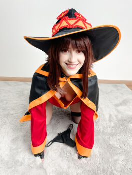 Rule 34 | 1girl, absurdres, all fours, asymmetrical legwear, belt, black cape, black gloves, black hat, black panties, blunt bangs, breasts, brown hair, cape, cleavage, cosplay, cosplay photo, downblouse, dress, fingerless gloves, floor, full body, gloves, grin, hat, highres, indoors, kono subarashii sekai ni shukufuku wo!, long hair, looking at viewer, megumin, megumin (cosplay), mismatched legwear, no bra, on floor, orange trim, panties, photo (medium), red dress, red eyes, rug, sidelocks, single thighhigh, small breasts, smile, solo, stelarhoshi, teeth, thighhighs, underwear, unworn panties, upper teeth only, wall, witch hat