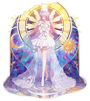 1girl absurdres aqua_hair bare_shoulders breasts commentary_request crescent_moon cyrene_(honkai:_star_rail) cyrene_(ripples_of_past_reverie)_(honkai:_star_rail) dress flower full_body gradient_hair habi_(kyuri_318) hair_flower hair_ornament halo high_heels highres holding holding_flower honkai:_star_rail honkai_(series) korean_commentary large_breasts long_hair moon multicolored_hair pink_hair simple_background solo sun two-tone_hair very_long_hair wedding_dress white_background white_dress