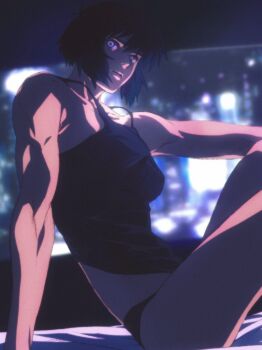 1girl aizheajsee black_hair black_panties black_tank_top blue_eyes blurry blurry_background ghost_in_the_shell highres kusanagi_motoko medium_hair panties sitting solo tank_top underwear