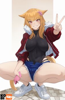 1girl :d animal_ears artist_logo artist_name black_leotard blonde_hair blue_shorts border borrowed_character breasts breasts_apart brown_background cat_ears cat_girl cat_tail cellphone commentary commission covered_navel denim denim_shorts english_commentary facial_mark final_fantasy final_fantasy_xiv flower full_body fur-trimmed_jacket fur_trim gradient_background hair_flower hair_ornament hand_up highres holding holding_phone jacket kobi420 large_breasts leotard logo long_hair long_sleeves looking_at_viewer miqo'te mizu_fei open_clothes open_fly open_jacket open_mouth original phone pink_flower red_eyes red_jacket shadow shirt shoes short_shorts shorts sideboob sidelocks slit_pupils smartphone smile sneakers solo squatting tail teeth thighs tile_floor tiles v warrior_of_light_(ff14) white_border white_shirt yellow_tail