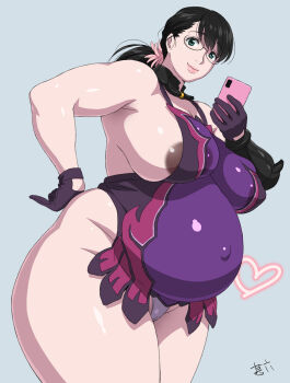 Rule 34 | 1girl, areola slip, breasts, cattleya (queen's blade), cellphone, glasses, highres, huge breasts, jinroku, phone, pregnant, queen's blade, selfie, smartphone, smile, solo