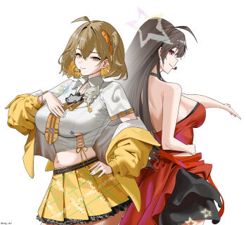 1girl 2girls absurdres ahoge anis_(nikke) anis_(star)_(t.t._star)_(nikke) bare_shoulders black_choker blush breasts brown_hair choker closed_mouth commentary cropped_shirt goddess_of_victory:_nikke hair_between_eyes hand_on_own_chest hand_on_own_hip headset highres idol idol_clothes jacket jewelry kirirei_228 large_breasts long_hair looking_at_viewer midriff multiple_girls navel necktie official_alternate_costume plaid_clothes plaid_necktie pretty_(nikke) purple_eyes red_shirt red_skirt shirt short_hair skirt smile star_(symbol) white_shirt yellow_jacket yellow_necktie yellow_skirt
