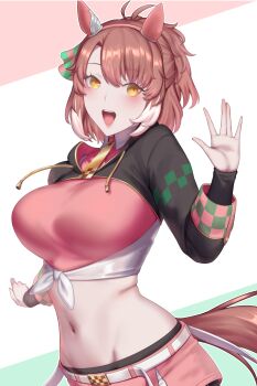 1girl :d absurdres ahoge animal_ears belt black_leggings black_shrug blush bow breasts brown_eyes brown_hair checkered_ribbon commentary_request cowboy_shot crop_top dantsu_flame_(center_spotlight)_(umamusume) dantsu_flame_(umamusume) ear_covers ear_ornament ear_ribbon groin hair_between_eyes hand_up highres horse_ears horse_girl horse_tail kumiko_shiba large_breasts leggings leggings_under_shorts looking_at_viewer midriff multicolored_hair navel open_mouth partial_commentary pink_shirt pink_shorts shirt shorts shrug_(clothing) sidelocks smile solo standing tail teeth tied_shirt umamusume upper_teeth_only white_belt white_hair white_shirt