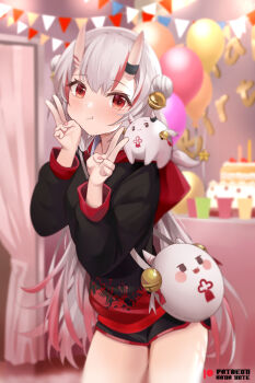 1girl :t bag balloon bell black_hoodie black_shorts blush cake closed_mouth commentary cowboy_shot creature creature_on_shoulder dolphin_shorts double_bun double_v food hair_bell hair_bun hair_ornament hololive hood hood_down hoodie horns indoors jingle_bell long_hair long_sleeves looking_at_viewer mujinbensin multicolored_hair nail_polish nakiri_ayame on_shoulder pink_nails poyoyo_(nakiri_ayame) red_eyes red_hair shorts shoulder_bag silver_hair skin-covered_horns solo standing streaked_hair string_of_flags v very_long_hair virtual_youtuber
