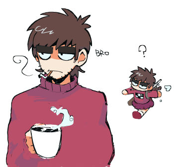 1boy alternate_hair_length alternate_hairstyle beard_stubble black_eyes braid brown_hair chibi chinese_commentary cigarette commentary_request cosplay crossdressing crossdressing_(mtf) cup eddsworld english_text facial_hair highres holding holding_cup jitome long_hair long_sleeves madotsuki madotsuki_(cosplay) male_focus mug multiple_views paul_(eddsworld) poodle_(lofter_1389564) red_shoes red_skirt red_sweater shoes short_hair simple_background single_braid skirt smoking socks solo_focus stubble sweater thick_eyebrows walking white_background white_socks yume_nikki