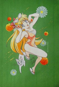 Rule 34 | 1girl, aino minako, artemis (sailor moon), ash valery, bare shoulders, bishoujo senshi sailor moon, blonde hair, bow, breasts, cat, flip-flops, food, fruit, green background, highres, long hair, medium breasts, one-piece swimsuit, red bow, sandals, sleeveless, sunglasses on head, swimsuit, very long hair, white cat, white fur