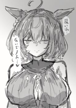 1girl ahoge animal_ears blush bow breasts double-parted_bangs ear_ribbon hair_between_eyes hairband highres horse_ears horse_girl large_breasts medium_hair meisho_doto_(umamusume) multicolored_hair shirt short_hair smile thanks0390 two-tone_hair umamusume white_hair