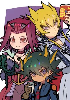 Rule 34 | 1girl, 2boys, absurdres, black hair, black jacket, black shirt, blonde hair, blue jacket, breasts, coat, cowboy shot, cup, dress, earrings, facial mark, fudo yusei, group picture, highres, holding, holding cup, holding whip, instant cup noodles, instant noodles, izayoi aki, jack atlas, jacket, jewelry, milk, multicolored hair, multiple boys, pendant, purple background, purple eyes, red eyes, red hair, shirt, short hair, smile, spiked hair, streaked hair, two-tone hair, whip, white coat, youko-shima, yu-gi-oh!, yu-gi-oh! 5d's
