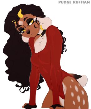 1girl absurdres animal_ears artist_name black_choker black_hair breasts choker collarbone cowboy_shot deer_ears deer_girl earrings furry furry_female goat_girl highres horns jewelry kody_(pudgeruffian) leotard long_hair medium_breasts original piercing pudgeruffian red_leotard simple_background solo teeth white_background yellow_eyes