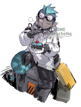 1boy arknights bandaid bandaid_on_face bandaid_on_nose black_gloves black_shoes blue_hair cake cake_slice chameleon_tail commentary dark-skinned_male dark_skin ethan_(arknights) food fork frischenq full_body gloves goggles goggles_on_head hand_up holding holding_fork holding_plate hood hooded_jacket jacket lizard_tail male_focus one_eye_closed plate pointy_ears shoes short_hair simple_background sitting solo symbol-only_commentary tail watermark white_background white_jacket