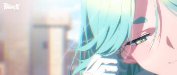 1girl absurdres adjusting_hair anime_screenshot blue_hair blurry blurry_background chinese_commentary close-up commentary_request copyright_logo day depth_of_field gloves green_eyes head_tilt highres logo lucky_cyan_(to_be_hero_x) official_art portrait smile solo to_be_hero to_be_hero_x white_gloves