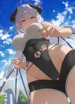 2girls ahoge black_horns breasts brown_hair character_request closed_mouth clothing_cutout cloud copyright_request from_below giant giantess grey_hair heart highres horns kkix25 leotard long_hair micro_shorts multiple_girls navel_cutout open_mouth purple_eyes second-party_source shorts sky sleeveless smile wings