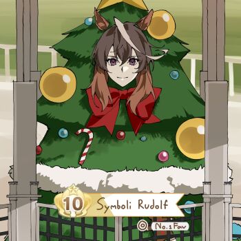 Rule 34 | 1girl, alternate costume, animal ears, artist request, bow, brown hair, candy, candy cane, christmas, christmas ornaments, christmas tree, costume, english text, food, gingerbread man, grass, highres, horse ears, horse girl, looking at viewer, multicolored hair, railing, red bow, starting gate, symboli rudolf (christmas emperor tree) (umamusume), symboli rudolf (umamusume), umamusume, white hair