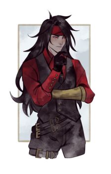 Rule 34 | 1boy, black gloves, black hair, black necktie, black pants, black vest, border, closed mouth, collared shirt, cowboy shot, cropped legs, crossed arms, final fantasy, final fantasy vii, final fantasy vii: ever crisis, gloves, grey background, hand to own mouth, headband, highres, long hair, male focus, metal gloves, necktie, official alternate costume, pants, red eyes, red headband, red shirt, robasarel, shirt, solo, swept bangs, tie clip, vest, vincent valentine, vincent valentine (bouncer suit), waistcoat, white border