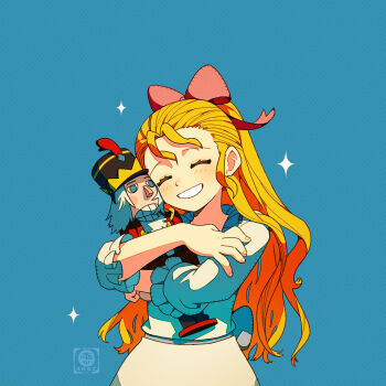 Rule 34 | 1girl, absurdres, blonde hair, blue background, bow, clara (the nutcracker), closed eyes, commentary request, dress, highres, hug, nutcracker, pink bow, smile, solo, standing, tenteko mai51, the nutcracker, white dress