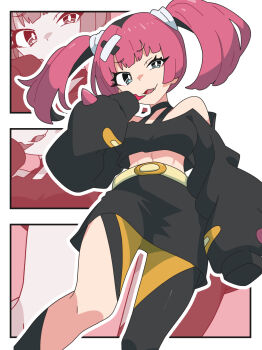 1girl bandaid bandaid_hair_ornament black_eyes black_hair black_shirt black_skirt coral_(pokemon) cropped_shirt eyelashes fang hair_ornament half-closed_eye highres kanbei_(pixiv11037490) long_sleeves midriff multicolored_hair nintendo open_mouth outline pink_hair pokemon pokemon_(anime) pokemon_horizons shirt skirt sleeves_past_fingers sleeves_past_wrists solo twintails two-tone_hair white_outline zoom_layer