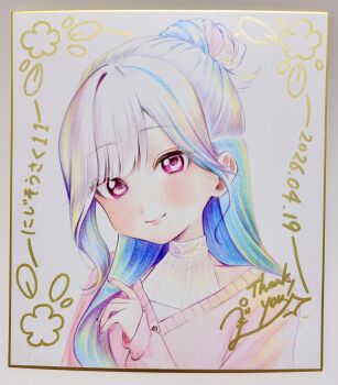 Rule 34 | 1girl, absurdres, alternate costume, blue hair, blush, cardigan, closed mouth, commentary request, dated, gold border, hair bun, hair over shoulder, half up bun, hand up, highres, iridescent hair, lips, lize helesta, long hair, looking at viewer, nijisanji, pink cardigan, portrait, purple eyes, puteranodondon6, shikishi, single hair bun, sleeves past wrists, smile, solo, thank you, traditional media, virtual youtuber, white background, white hair