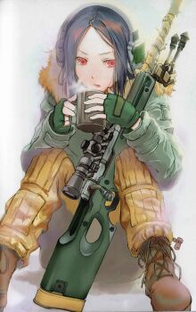 1girl ai_arctic_warfare black_hair bolt_action boots cup female_focus fingerless_gloves fuyuno_haruaki gloves gun headset highres jacket l96 mug orange_eyes pants red_eyes rifle sitting sniper sniper_rifle solo weapon
