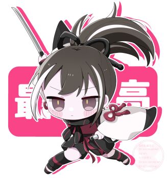 1girl black_eyes black_hair blush expressionless fate/grand_order fate_(series) highres holding holding_sheath holding_sword holding_weapon japanese_clothes kawakami_gensai_(fate) kawakami_gensai_(first_ascension)_(fate) long_hair looking_at_viewer mochan multicolored_hair ponytail scarf sheath solo sword watermark weapon white_hair