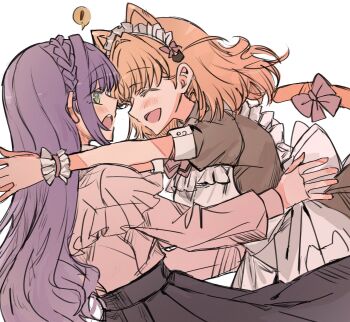 2girls apron arms_around_neck black_skirt bow bowtie braid brown_dress cat_hair_ornament chinese_commentary commentary_request crown_braid dress frilled_apron frills green_eyes hair_bow hair_intakes hair_ornament highres hinoshita_kaho imminent_hug junjun_(kimi-la) link!_like!_love_live! long_hair long_skirt love_live! maid maid_apron maid_headdress medium_hair mixed-language_commentary multiple_girls nyan_nyan_nyan_fair_in_gamers official_alternate_costume open_mouth orange_hair otomune_kozue otomune_kozue_(post-graduation) pink_bow pink_bowtie pink_shirt pleated_skirt puffy_short_sleeves puffy_sleeves purple_hair shirt short_sleeves sidelocks skirt tail tail_bow tail_ornament two_side_up virtual_youtuber white_apron