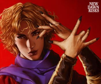 Rule 34 | 1boy, bishounen, black nails, blonde hair, bracer, commentary, dio brando, ear birthmark, english commentary, fingernails, highres, jojo no kimyou na bouken, looking at viewer, male focus, newdawnrises, phantom blood, portrait, purple scarf, red background, red eyes, scarf, sharp fingernails, short hair, signature, solo, wavy hair
