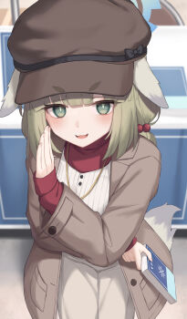 1girl animal_ears blue_archive blue_halo blush brown_coat brown_hat brown_pants coat commentary fuka_kurotsuji green_eyes green_hair hair_bobbles hair_ornament halo hat highres looking_at_viewer open_mouth pants short_twintails smile solo tail twintails yakumo_(blue_archive)