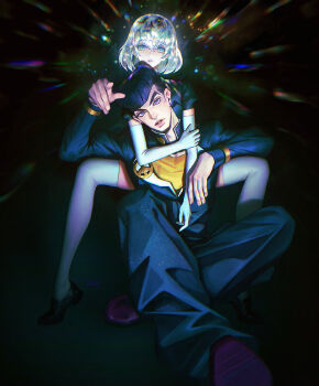 1boy 1other arm_rest arms_around_neck artist_name black_background black_footwear black_hair blue_pants c_home commentary crossed_legs crossover crystal_hair diamond_(houseki_no_kuni) diamond_wa_kudakenai earrings elbow_gloves gakuran glint gloves hair_between_eyes head_tilt higashikata_josuke highres holding_own_arm houseki_no_kuni jewelry jojo_no_kimyou_na_bouken lens_flare loafers looking_at_viewer multicolored_eyes pants parted_lips peace_symbol pointing pointing_at_viewer pompadour purple_eyes purple_footwear rainbow_eyes red_lips school_uniform shoes short_hair thighhighs white_gloves white_hair white_thighhighs