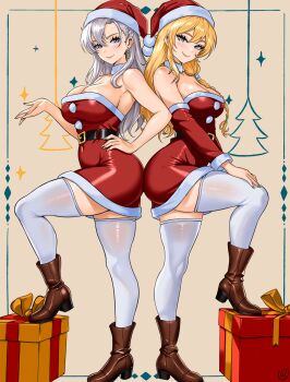 2girls ao_no_kiseki arianrhod_(eiyuu_densetsu) aurelia_le_guin blonde_hair boots breasts brown_boots christmas_present cleavage curtained_hair dress eiyuu_densetsu gift hat highres light_smile long_hair multiple_girls muscular muscular_female santa_costume santa_dress santa_hat sen_no_kiseki_(series) simple_background thighhighs thighs waifuviolenta white_hair