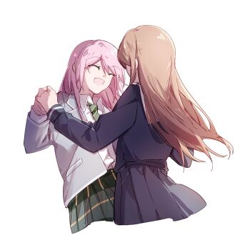 2girls bang_dream! bang_dream!_it&#039;s_mygo!!!!! blue_shirt blue_skirt brown_hair chihaya_anon closed_eyes collared_shirt dancing diagonal-striped_clothes diagonal-striped_necktie fang green_necktie green_skirt grey_jacket haneoka_school_uniform hibioes highres holding_hands jacket long_hair long_sleeves multiple_girls nagasaki_soyo necktie open_clothes open_jacket open_mouth pink_hair pleated_skirt school_uniform shirt sidelocks simple_background skirt striped_clothes tsukinomori_school_uniform white_background white_shirt