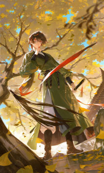 1boy architecture autumn_leaves black_boots black_hair boots branch chinese_clothes east_asian_architecture falling_leaves from_below full_body ginkgo_leaf ginkgo_tree hair_between_eyes hand_up hanfu highres holding holding_sword holding_weapon leaf long_sleeves male_focus original outdoors sky solo sword tassel weapon xiaojiaju