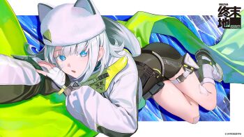 1girl animal_ear_headwear arknights arknights:_endfield bandaid bandaid_on_face bandaid_on_leg blue_eyes bodysuit bodysuit_under_clothes commentary_request copyright_logo copyright_name copyright_notice crop_top endfield_industries_logo estella_(arknights) fake_animal_ears fingerless_gloves foreshortening full_body gloves green_scarf grey_shoes highres ice ka_4maki logo looking_at_viewer lying official_art on_side open_mouth scarf shirt shoes short_hair solo watermark white_gloves white_hair white_shirt