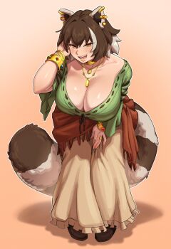 1girl adjusting_hair animal_ears arm_up black_shoes blush bracelet breasts brown_eyes brown_hair brown_jacket brown_skirt brown_trim cleavage clothes_around_waist commentary commission downblouse ear_piercing earrings english_commentary gold_bracelet gold_necklace gradient_background green_shirt hair_between_eyes hair_intakes highres huge_breasts jacket jacket_around_waist jewelry kharon leaning_forward long_skirt looking_at_viewer mature_female multicolored_hair multiple_bracelets multiple_necklaces necklace open_mouth orange_background original piercing raccoon_ears raccoon_girl raccoon_tail shirt shoes short_hair skirt smile solo streaked_hair tail veins veiny_breasts white_hair