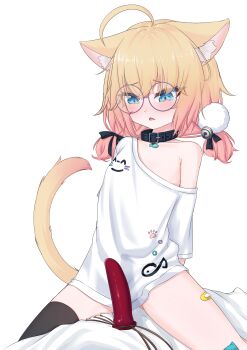 absurdres ahoge animal_collar animal_ear_fluff animal_ears bandaid bandaid_on_knee bandaid_on_leg bell black_collar blonde_hair blue_eyes blush cat_ears cat_girl cat_tail collar dildo fang fish_ornament glasses gradient_hair hair_bell hair_ornament highres indie_virtual_youtuber long_shirt low_twintails minikomew multicolored_hair no_pants open_mouth pom_pom_(clothes) pom_pom_hair_ornament ritspi sex_toy simple_background tail twintails virtual_youtuber white_background
