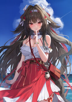 1girl absurdres against_railing armband blue_sky breasts brown_hair cleavage cloud commentary day droopy_ears finger_to_mouth frilled_armband frilled_shirt frills highres horizon large_breasts lillly long_hair looking_at_viewer ocean official_alternate_costume railing red_bag red_eyes red_skirt shirt skirt sky solo tail white_shirt ye_shunguang ye_shunguang_(touch_of_dawnlight) zenless_zone_zero