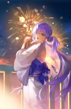 Rule 34 | 1girl, :d, absurdres, alternate costume, blue hair, blue sash, commentary, earrings, fireworks, floral print, green eyes, hair bun, head wings, highres, honkai: star rail, honkai (series), japanese clothes, jewelry, kimono, long hair, looking at viewer, open mouth, quokaisgood, railing, robin (honkai: star rail), sash, single earring, sky, smile, very long hair, white wings, wings, yukata
