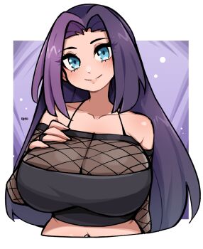 1girl bare_shoulders black_shirt blue_eyes border breasts cleavage closed_mouth collarbone commentary commission crop_top cropped_torso english_commentary fishnet_sleeves fishnet_top fishnets hand_on_own_chest highres huge_breasts long_hair looking_at_viewer oninuer original outside_border purple_background purple_hair see-through_cleavage see-through_clothes shirt smile solo vgen_commission white_border