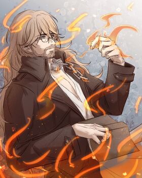 1boy black_coat book brown_hair chain coat facial_hair fire glasses highres holding holding_book holding_flame long_hair male_focus mature_male octopath_traveler octopath_traveler_ii osvald_v._vanstein pectoral_cleavage pectorals round_eyewear sillyneko solo standing upper_body