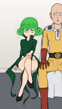 Rule 34 | 1boy, 1girl, bald, belt, black footwear, boots, breasts, cape, curly hair, dress, full body, gloves, green eyes, green hair, groin, half-closed eyes, high heels, highres, legs, crossed legs, long sleeves, looking at viewer, matching hair/eyes, one-punch man, pelvic curtain, red footwear, red gloves, saitama (one-punch man), shoes, short hair, sitting, small breasts, superhero costume, sweatdrop, tatsumaki, the golden smurf, thighs, white cape